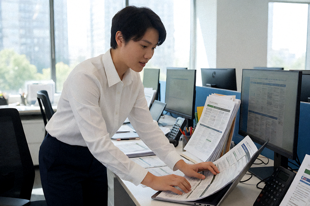 体育新闻编辑室内工作人员正在整理赛事资讯稿件